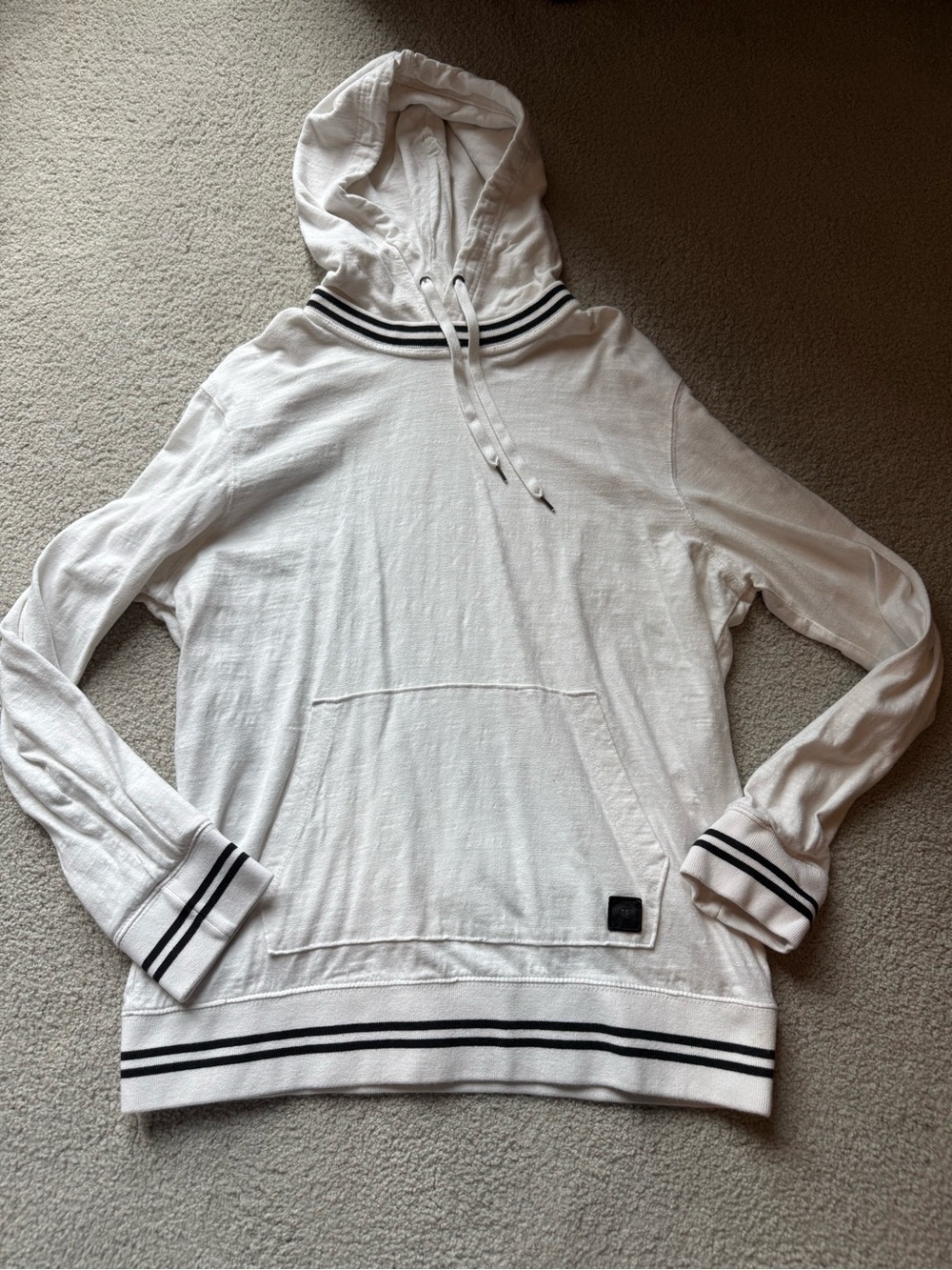 American Eagle Outfitters White Hooded Crewneck Sweater with Black Stripe Trim